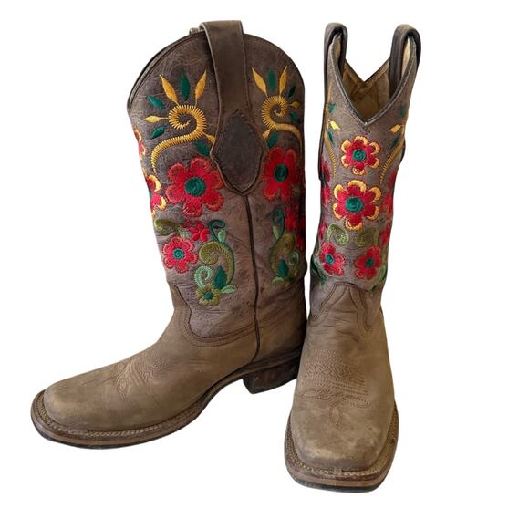 Tombstone Embroidered Flowers Leather Boots Women’s 7 - Picture 1 of 11